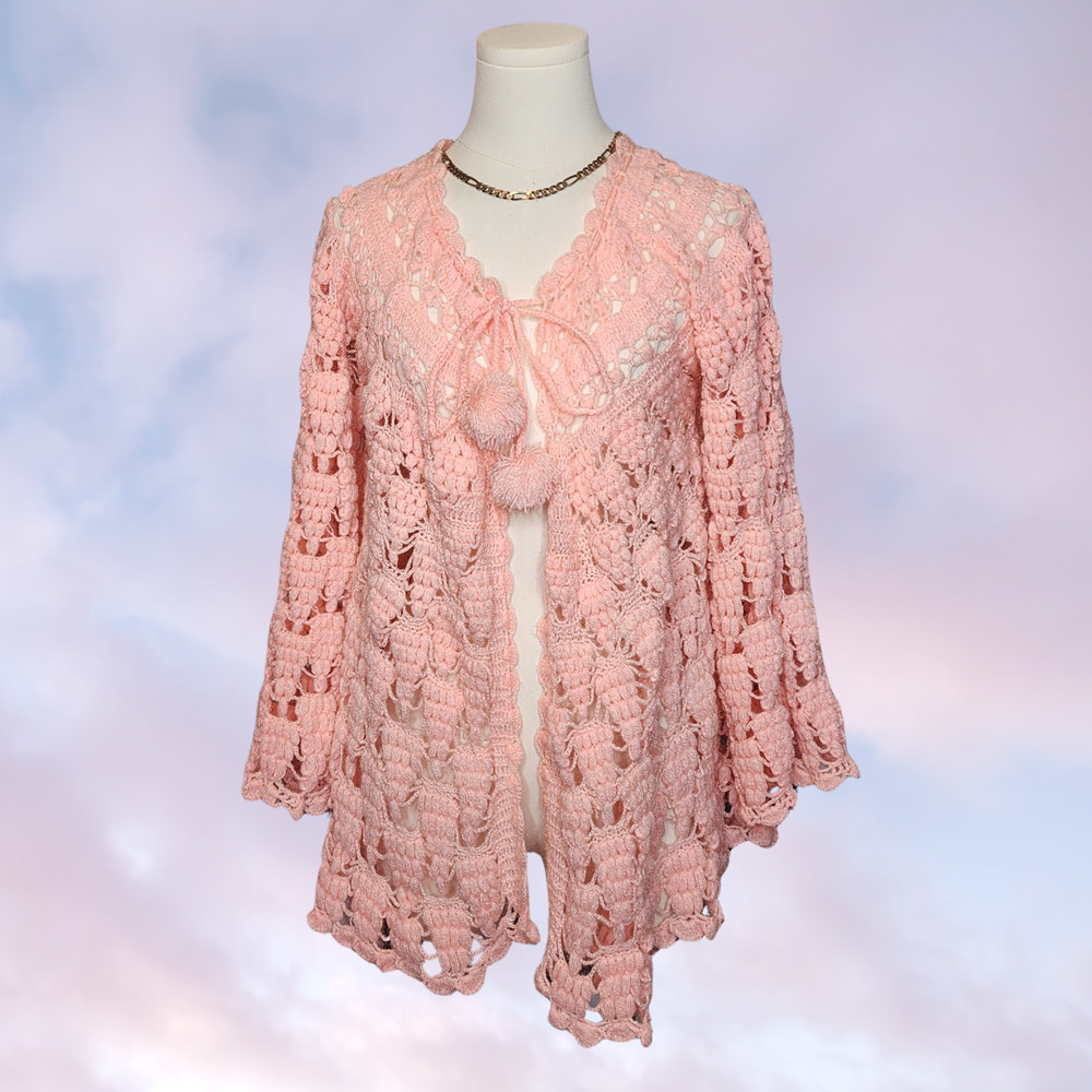Vtg Handmade Pink Open Knit Coquette Cottage Prairie Bell Sleeve Knit Sweater